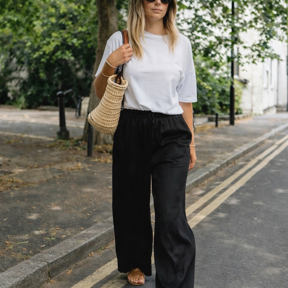 100% linen J Crew wide leg pants black casual drawstring waist